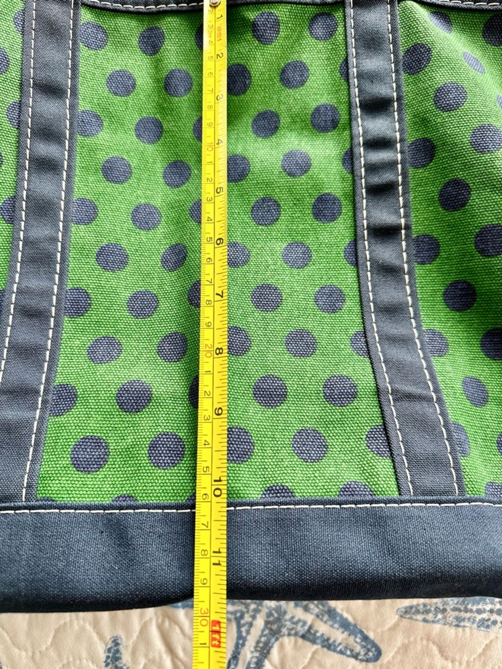 L.L. Bean Green Canvas Tote with Navy Polka Dots - Picture 3 of 6